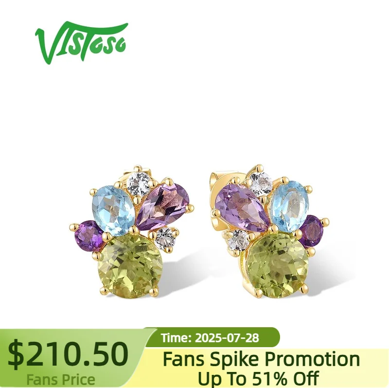 

VISTOSO Authentic 14K 585 Yellow Gold Stud Earrings For Women Sparkling Multi Color Gems Wedding Party Lovely Gifts Fine Jewelry