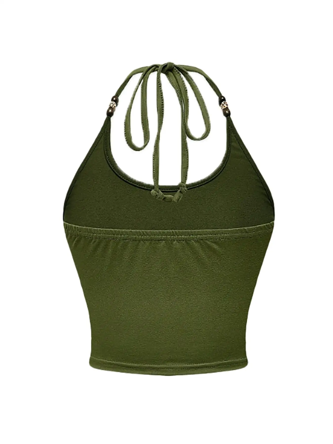 Ladies Solid Color Halter Short Tank Top Adjustable Drawstring Back Strap Beaded Decoration Round Neck Slim Fit Short Design