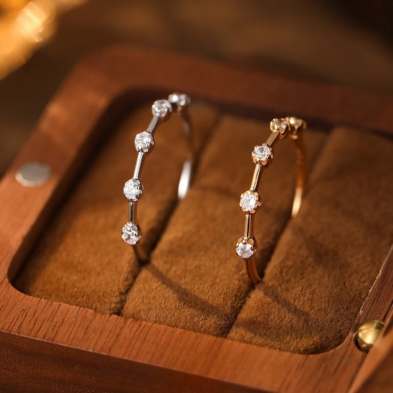 

S925 Silver High-end Plated K Gold Row Diamond Ring for Women, Exquisite Thin Band, Versatile Closed Finger Ring