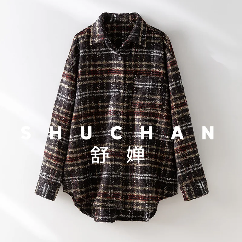 2025 otoño e invierno nueva camisa a cuadros gruesa chaqueta suave cerosa cómoda lana tela mixta camisa de manga larga neutra