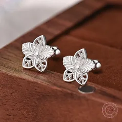 925 Sterling Silver Petal Flower Stud Earrings for Women Charm Plant Hollow Korean Earring Girl Piercing Jewelry Aretes De Mujer