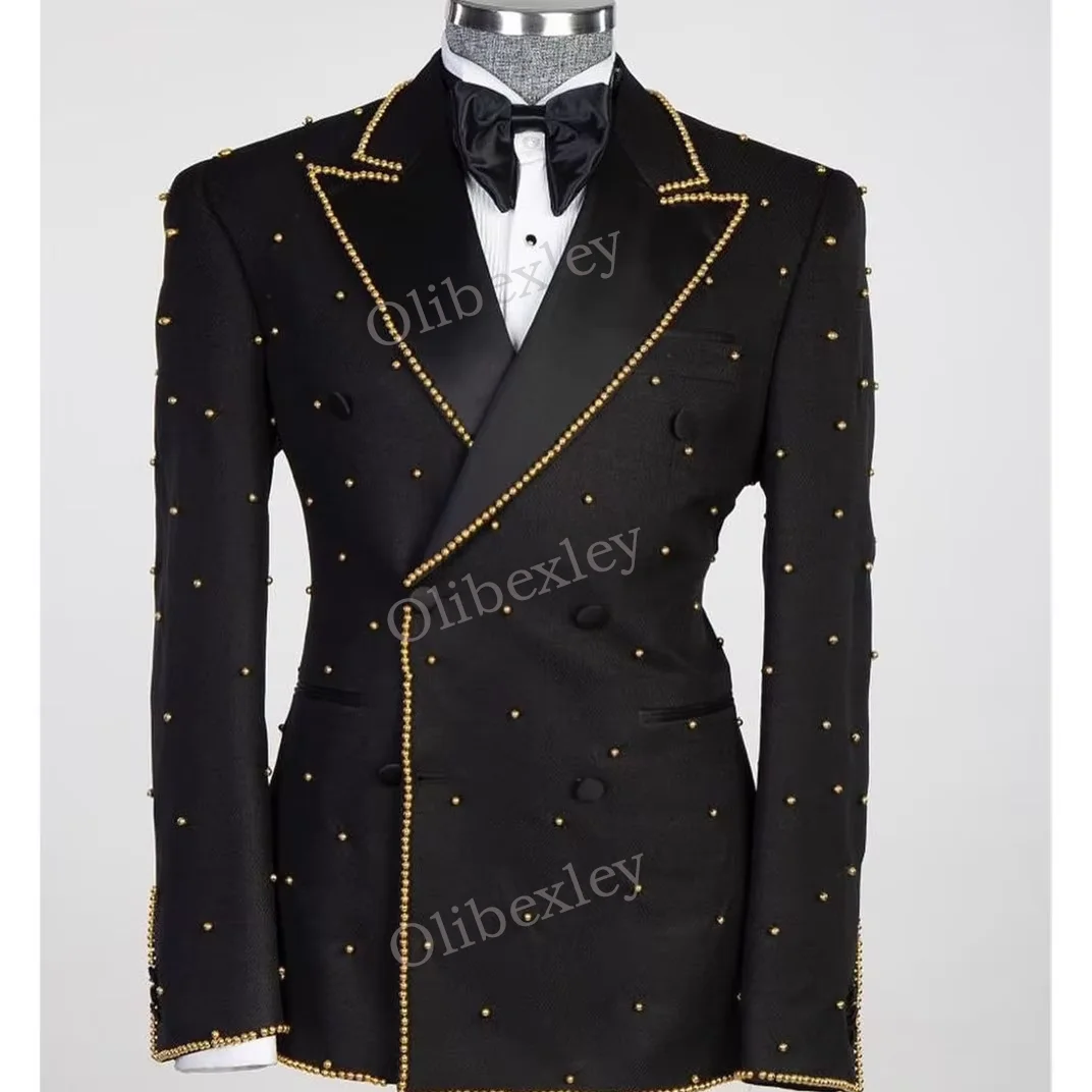 

Luxury Double Breasted Men Slim Fit 2 piece Suit Sets Jewelry Decoration Wedding Groom Business Dinner Party Suits