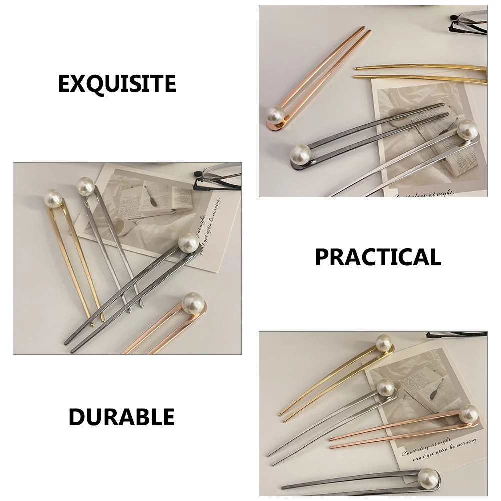 

4pcs Metal Hair Fork Pearl Decorative Hair Stick For Updo Bun Chignon Styling Elegant Polished Surface Gift For Women