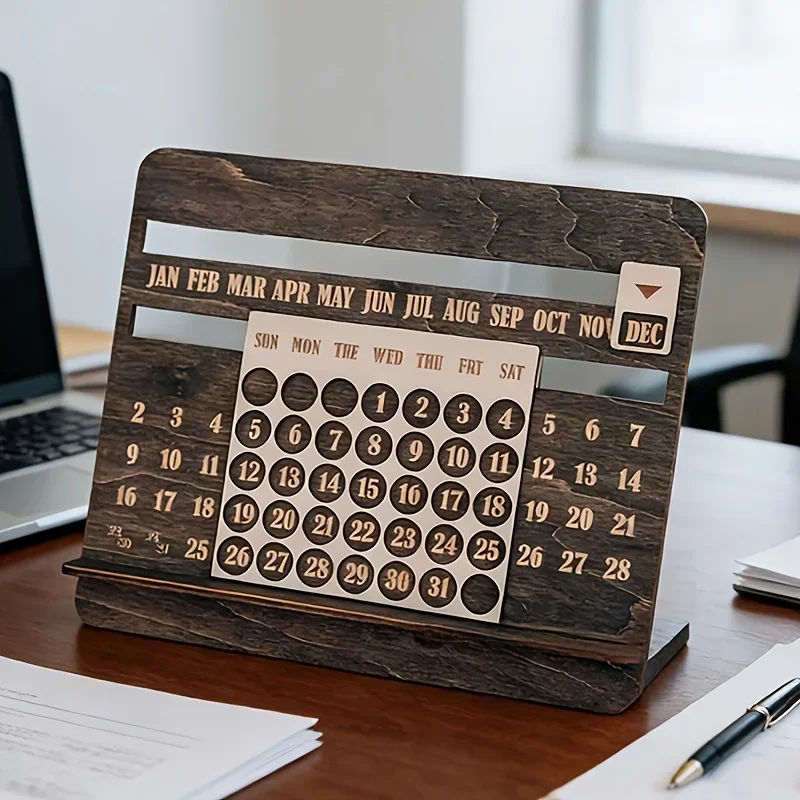 Holz-Dauerkalender mit Monatsübersicht und Ganzjahresanzeige - Tischkalender Geeignet für Büroplanung und Dekoration – Detail 4