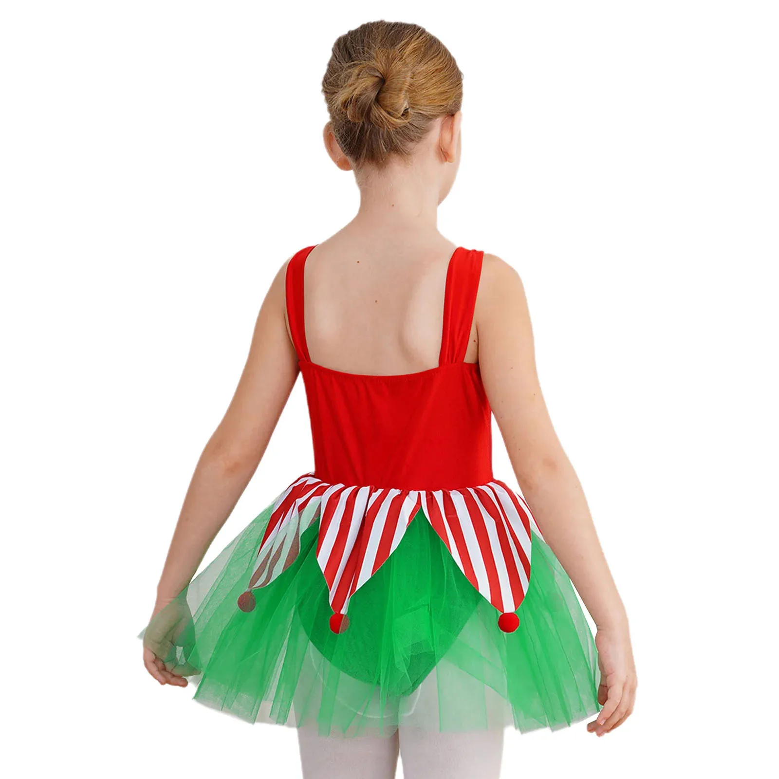 Little Girls Elf Christmas Dress Sequin Candy Cane Stripes Santa Claus Cosplay Costume Tulle Mesh Tutu Ballet Leotard Dancewear