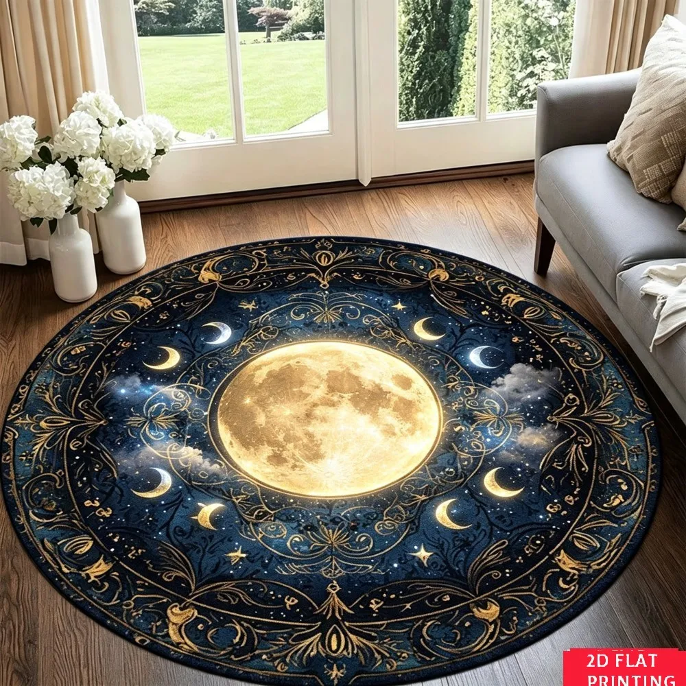 Mystic Moon Phase Round Printed Carpet Non Slip Floor Mat For Living Room Bedroom Home Decor Area Rug Celestial Design