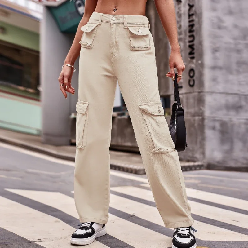 Pop Jesień Wiosna Jeansy Damskie Spodnie Denimowe Vintage Proste Spodnie Moda Damska Białe Czarne Jednolite Luźne Casualowe Szerokie Nogawki