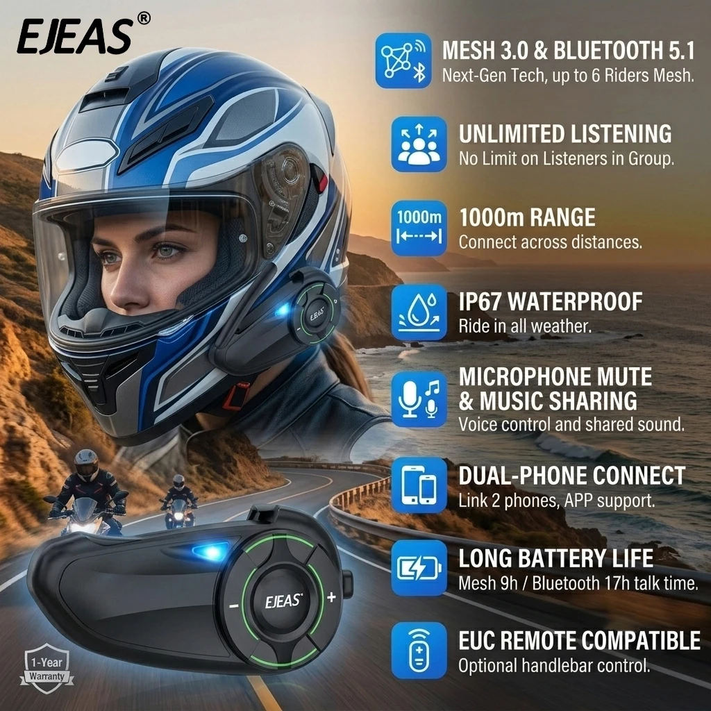 EJEAS Q8 motorcycle helmet intercom system, Bluetooth 5.1 helmet bluetooth earphone, IP67 helmet wireless earphone helmet speakers helmet headset bluetooth intercom,Universal EUC remote controller