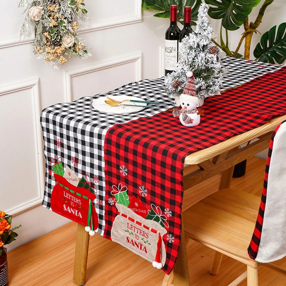 

180x34cm Christmas Decorative Table Flag Christmas Gift Package Embroidered Checkered Table Runner Flag Home Dining Table Decor