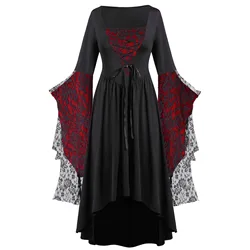 Women Dress Medieval Witch Dress Costume Halloween Mesh Lace Big Swing Carnival Plus Size Butterfly Sleeve Gothic Punk Dresses