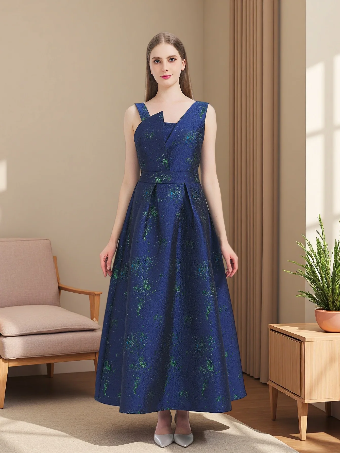 

Luxurious Navy Blue Starry-Textured Sleeveless Evening Gown with Asymmetric V-Neck and Open Back