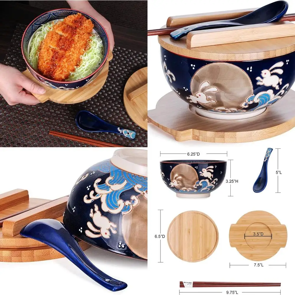 

Винтажный набор мисок для рамэна с синим кроликом и луной Kamameshi, рисовой лапшой, бамбуковой крышкой, подставкой, палочками для еды и фарфоровой ложкой