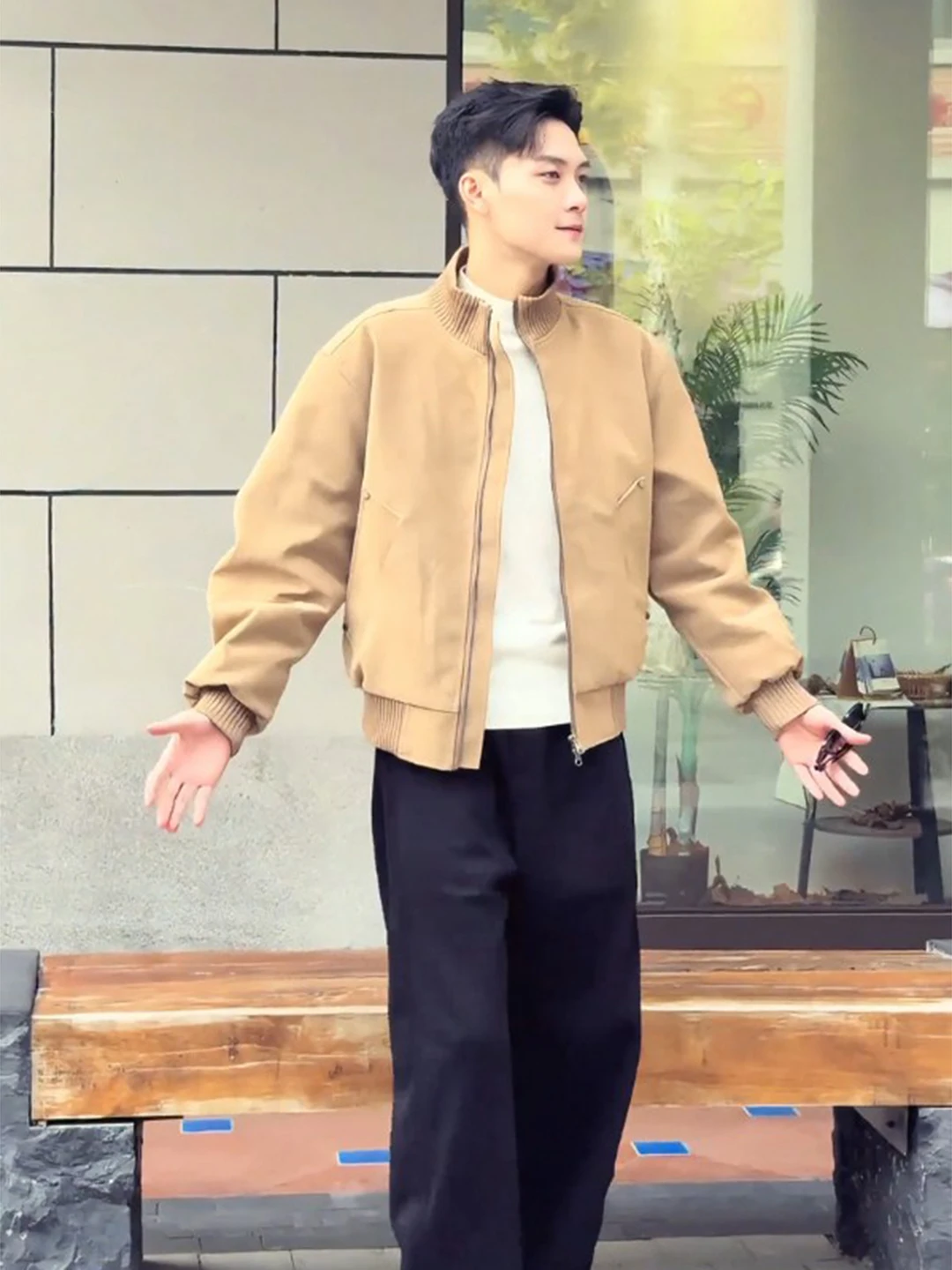 

Khaki Suede Men's Winter Bomber Jaet Thi Warm Flight Coat Casual Long Sve Zipper Closure Color Cleanfit Sle