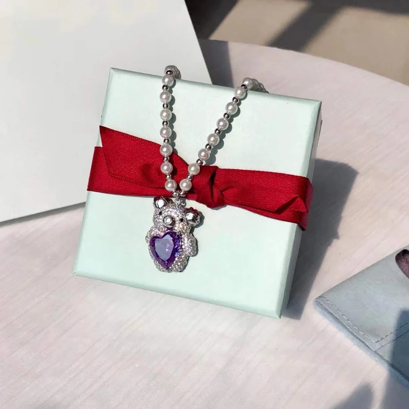 

925 sterling silver pavé zirconia shiny purple gem bear necklace aesthetic cute romantic girl heart design pearl jewelry gift