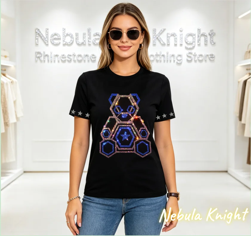 Women's Bling Crystal Rhinestone Short Sleeve Cotton T-shirt O-Neck Luxury Casual Summer Streetwear Top