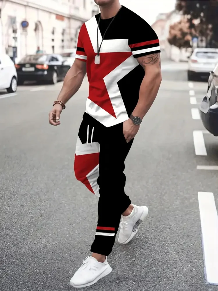 

2025 Autumn New Five-pointed Star 3D Printed Casual Men's Long Pants Set, Daily Loose Casual Men's Thin 2pieces Autumn Set