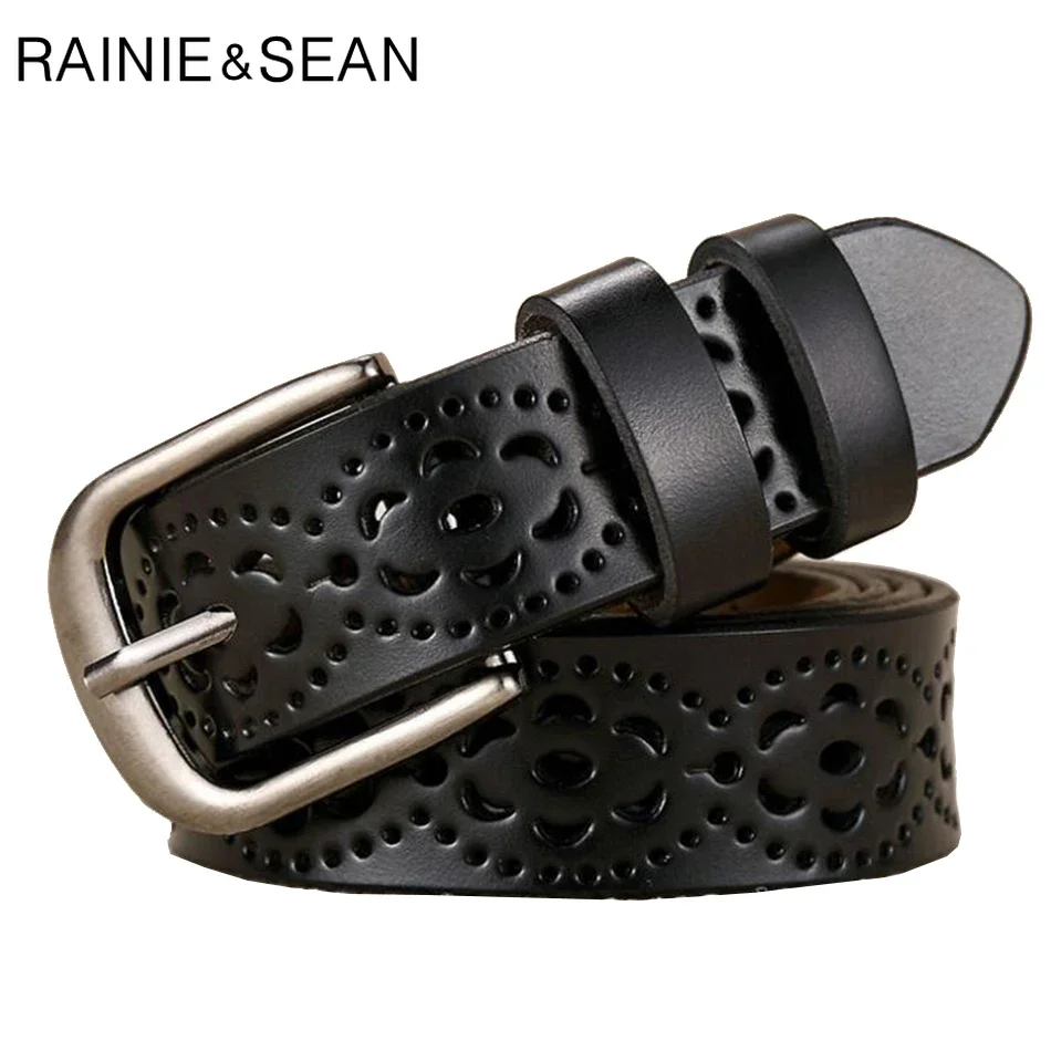 RAINIE SEAN Black Leather Belt Women Genuine Cow Belt Hollow Out Breathable Casual Real Ladies Leather Trouser Belt with Holes