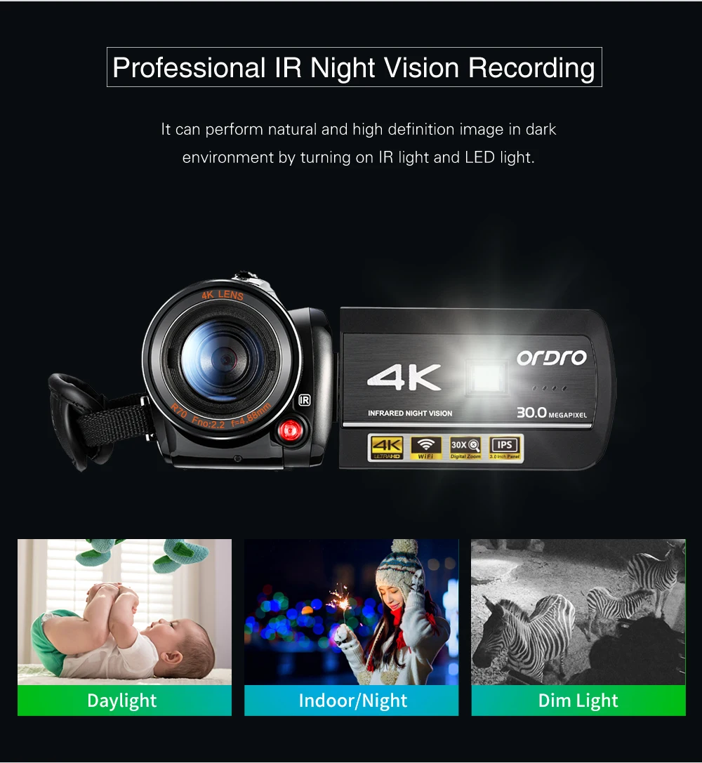 4K Full HD Professional Video Camera Ordro AC3 Youtube Vog IR Night Vision Digital Camcorder with Microphone Blogger Filming