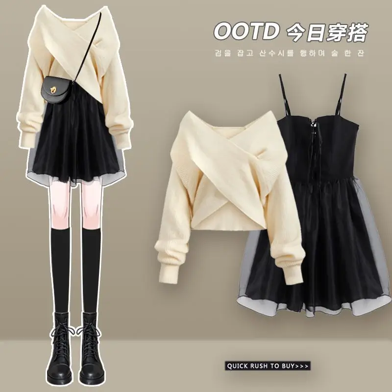 Women Two-piece Knitted Skirt Suit Casual Long Sleeve Crop Tops and Short Skirt Matching Sets