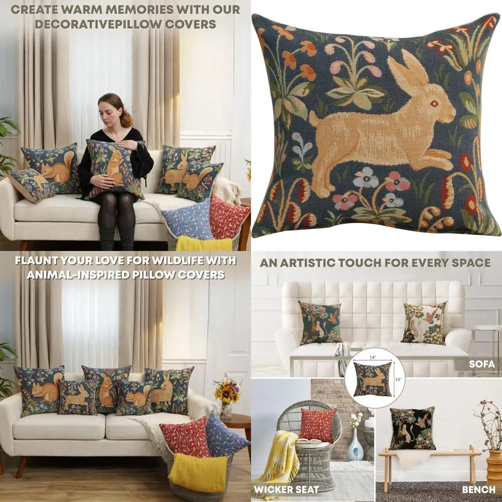 

Декоративная наволочка в стиле бохо с квадратным синим рисунком кролика, 14x14 дюймов, чехол для подушки в стиле французского кантри, мягкий европейский хлопковый гобелен