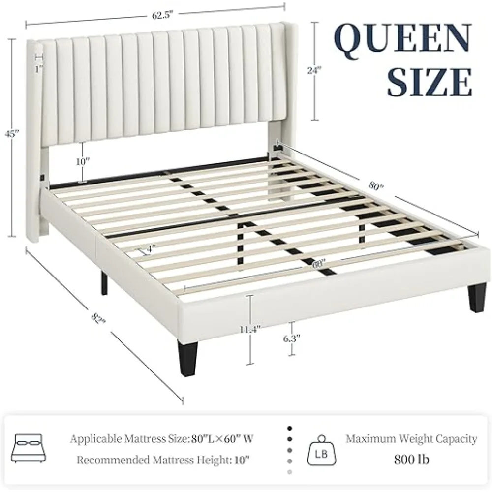 Bed Frame Upholstered Platform Bed with Fabric Headboard, Wing Edge Design/Non-Slip and Noise-Free/Wooden Slats Support