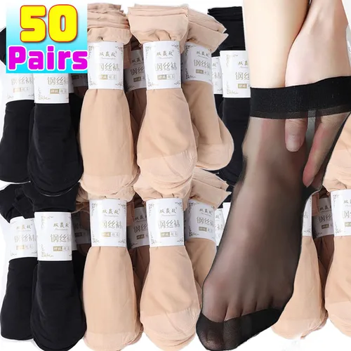 Imagen 2 del producto Calcetines de verano ultrafinos para mujer, piel negra, nailon transparente, calcetines tobilleros cortos para mujer, medias elásticas de cristal para primavera, calcetines de seda