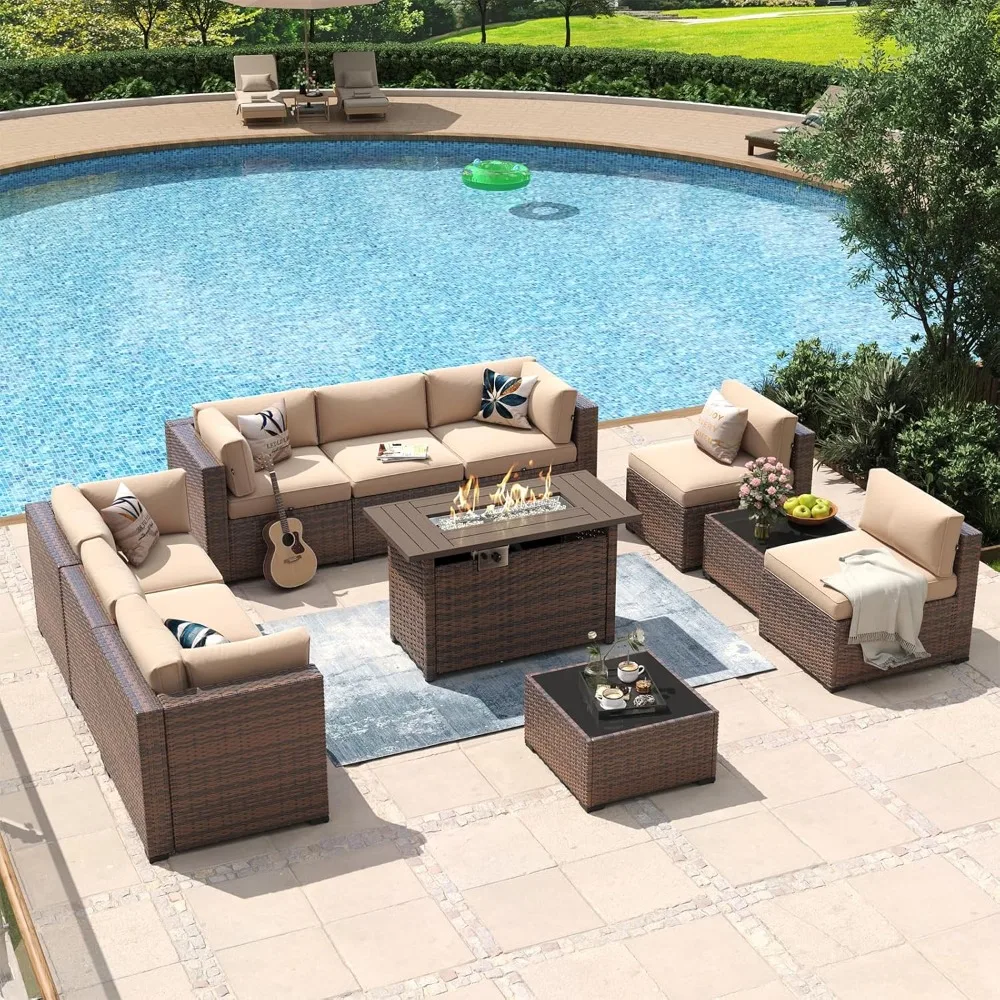 

11 Piece Patio Furniture Set w/44” Fire Pit Table Wicker Rattan Outdoor Sectional Sofa Set w/Coffee Table and Thickened Cushions