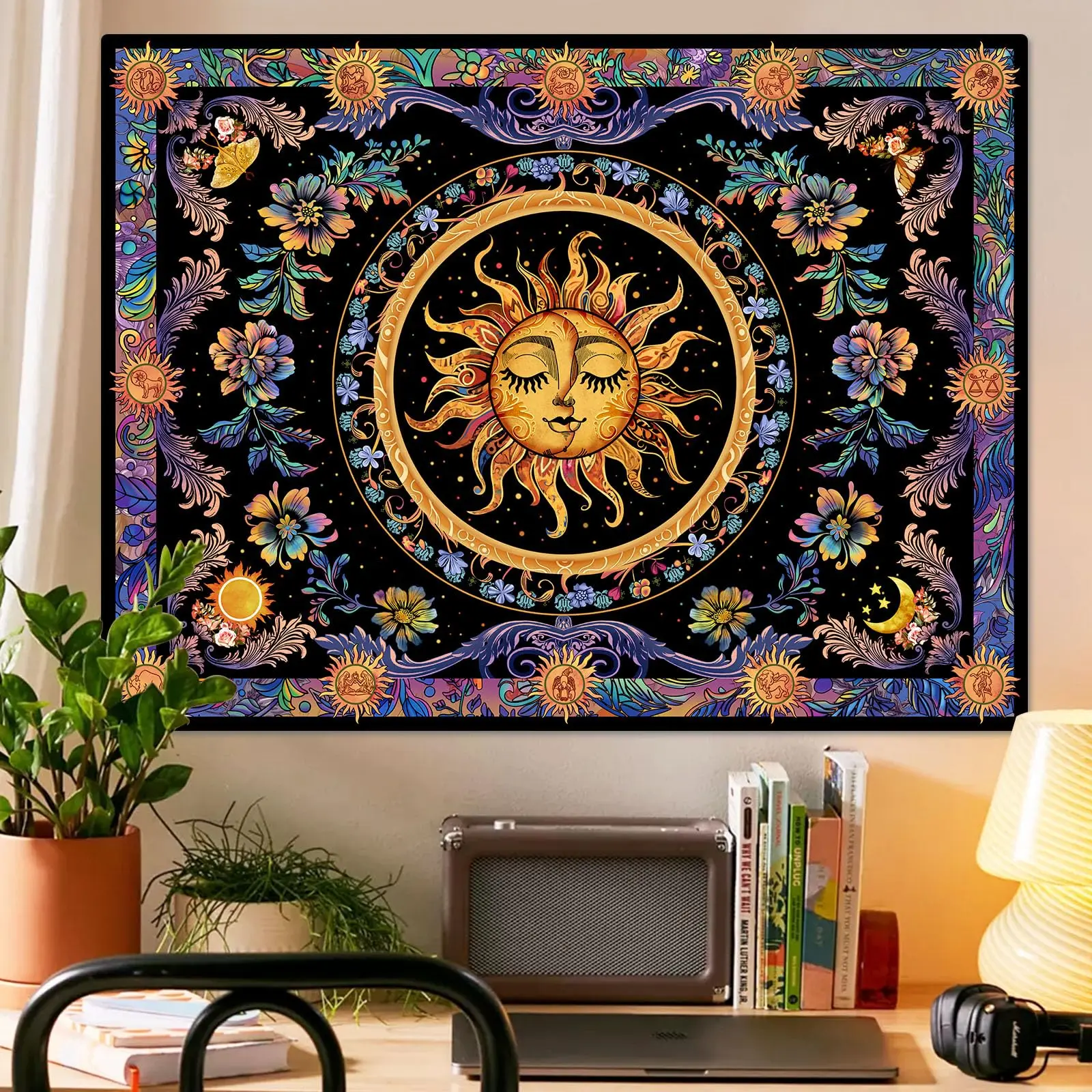 1PC Boho Sun Moon Floral Orange Purple Print Tapestry, Boho Style, Bedroom Living Room Kitchen Wall Hanging, Polyester, Wall Art
