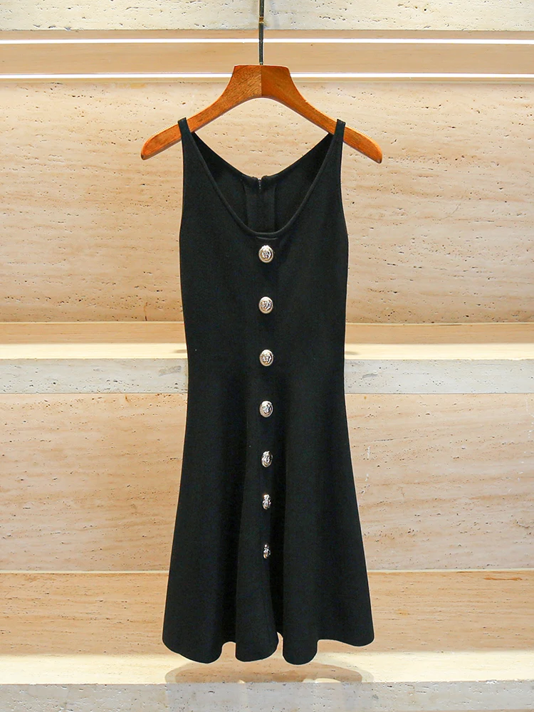 High-End Zomer Hepburn Sle Bla Gebreide Dr Dames Slim Fit Strapl Dr Vintage Knop Hoge Taille A-lijn Rok