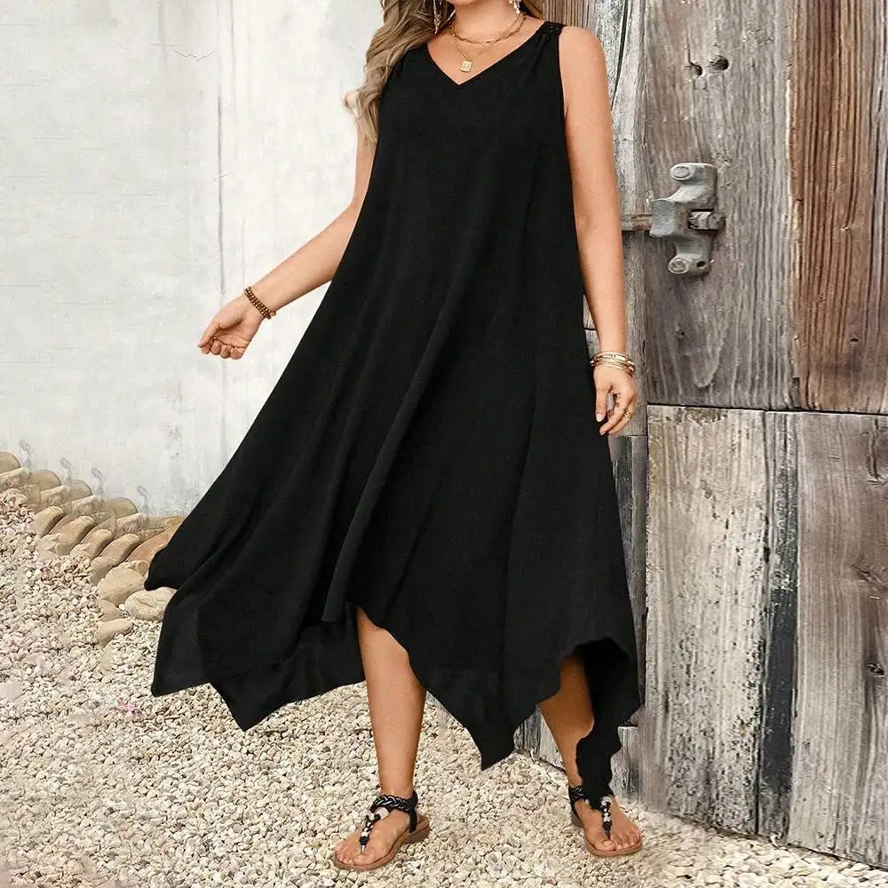 

Женское повседневное свободное платье оверсайз с V-образным вырезом, дышащая асимметричная длинная юбка без рукавов, летнее элегантное платье для вечеринок 2025 в стиле Y2K