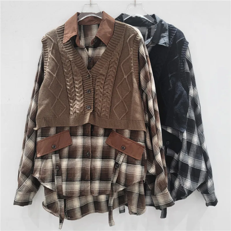 

SuperAen Autumn 2025 New Fashion Patchwork Fake Two-piece Knitted Sweater Europe and America Style Loose Long-sleeved Shirts