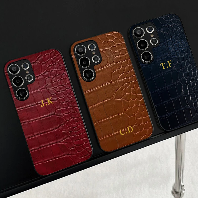 Personalized Custom Name Letter Crocodile Leather case For Samsung galaxy S20 S21 FE S22 S23 S24 S25 Ultra Plus Matte Cover