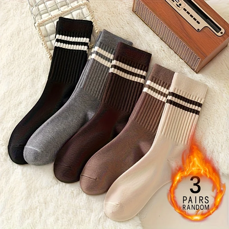 3 Pairs Four Seasons Women's Vertical Bar Thickened Retro Simple Fashion Stripe Versatile Soft And Comfortable Warm Long Socks