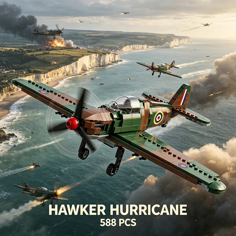 

588 PCS World War Hurricane Fighter Aircraft Model Building Blocks Military British Air Force Planes Bricks Toys for Adults Gift