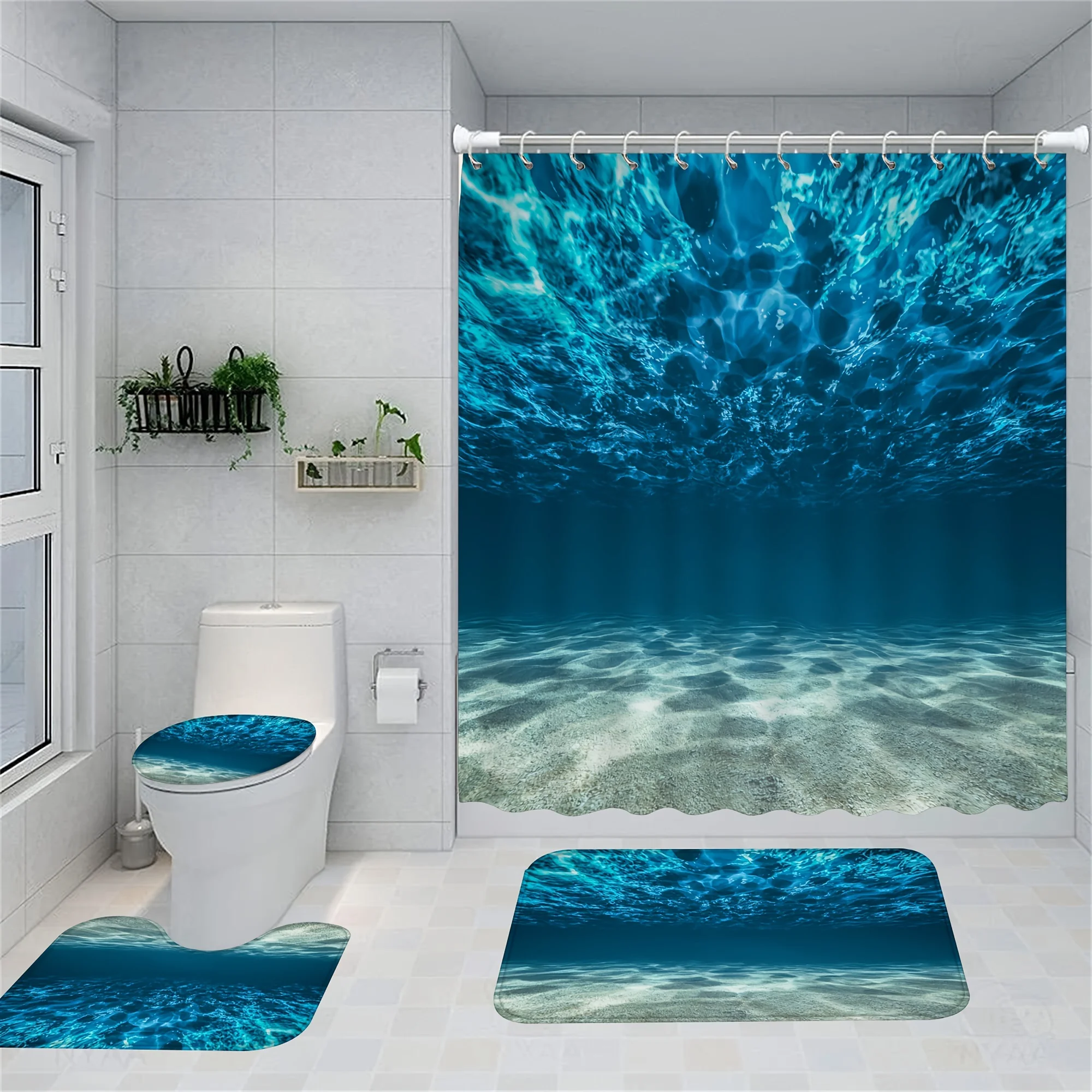 

Oceanic Serenity Bathroom Four-Piece Set - Stunning Underwater Scene with Deep Blue Waters and Sunlight for a High-Elegance