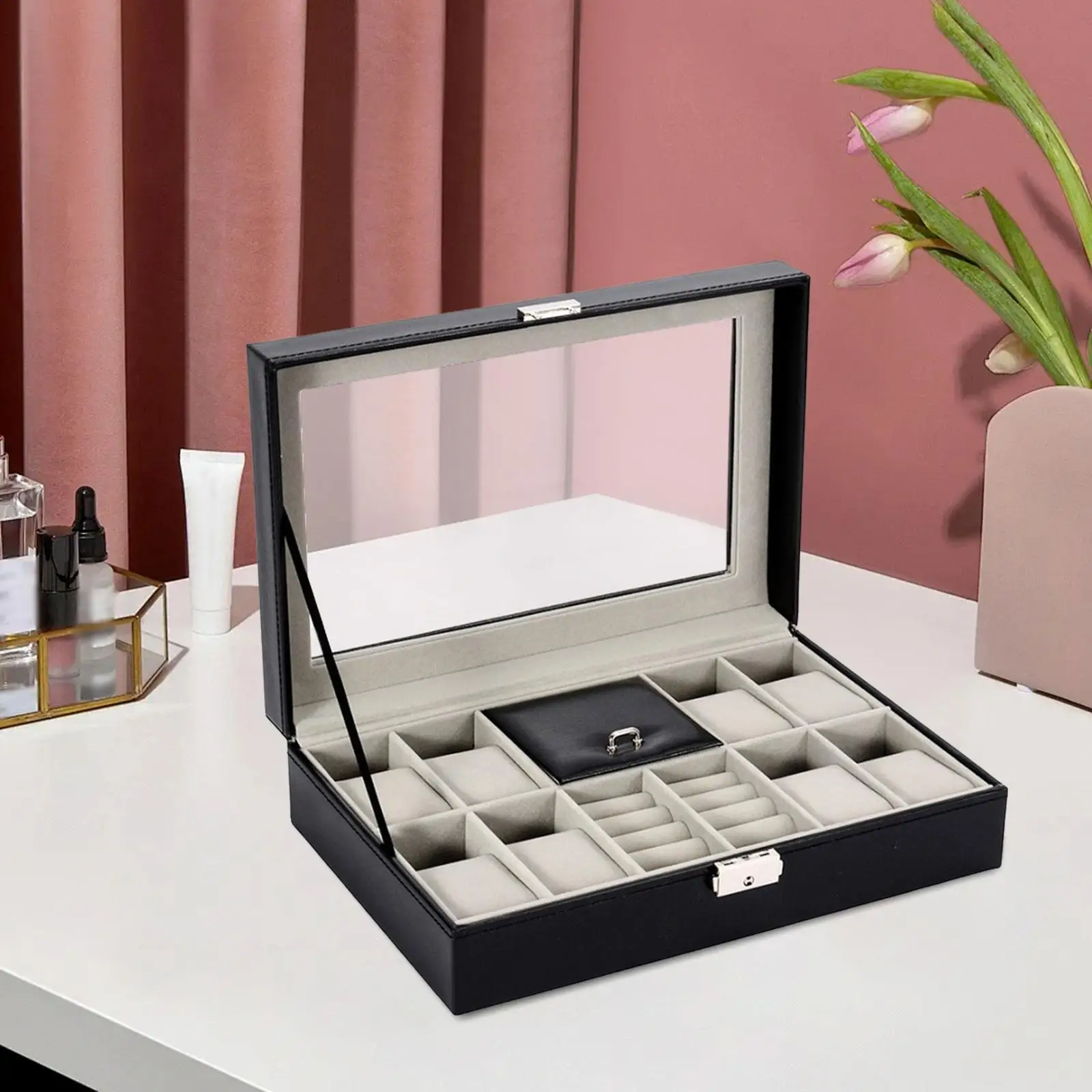 

Коробка для часов из искусственной кожи, черная коллекция, держатель для часов, витрина для часов, органайзер для ювелирных изделий, шкатулка для драгоценностей, подарок на день Святого Валентина