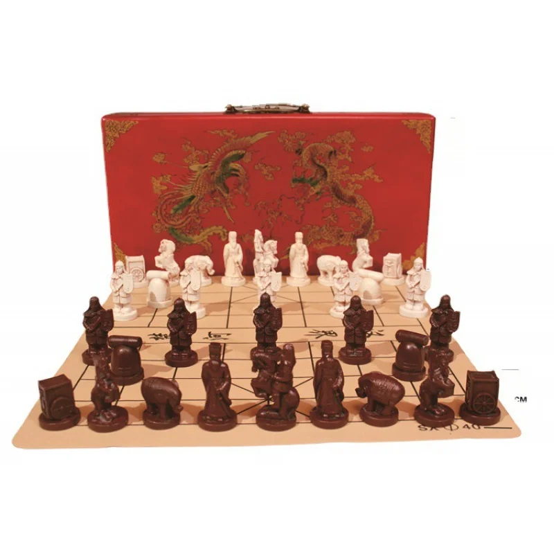 Cross-Border Hot Sale Antique Chinese ChessPULeather Checkerboard Xi'an Terracotta Warriors Chess Character Modeling Parent-Chil