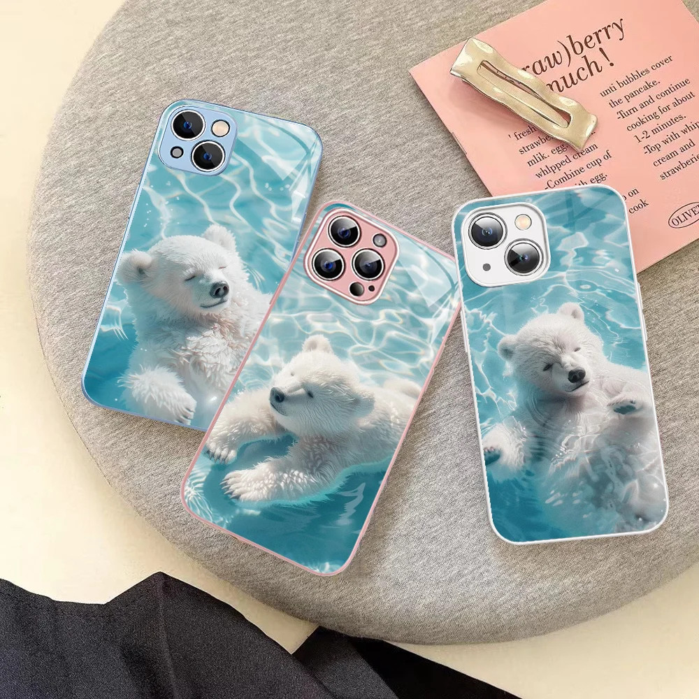 

Swimming Bear Phone Case Tempered Glass For Iphone 14 13 12 11 Pro Mini XS MAX 14Plus X XS XR Cover