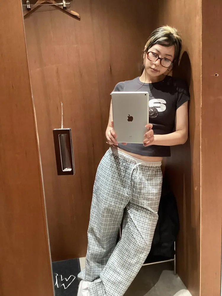 Bear Head Print High Waist Cuffed Casual Pants Women's Checkered Color Block Leisure Trousers Fiber Ultrafine Fabric Cotton