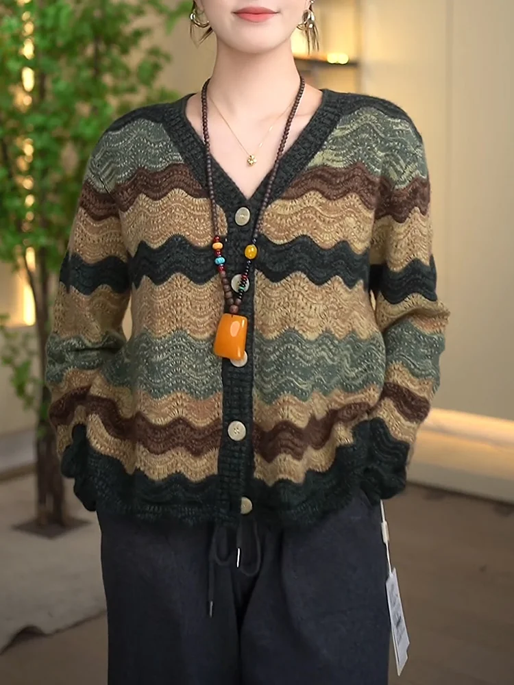 

Fall 2025 Women's een V-ne Knitwear Large Size Versatile Inner Wear Korean Sle Vintage Loose Fit Long Sve Cardigan
