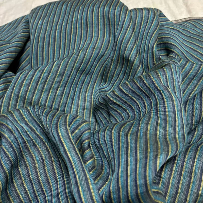 Fermented and dyed pure linen lake blue vertical striped fabric, suitable for clothing sewing and DIY fabric use