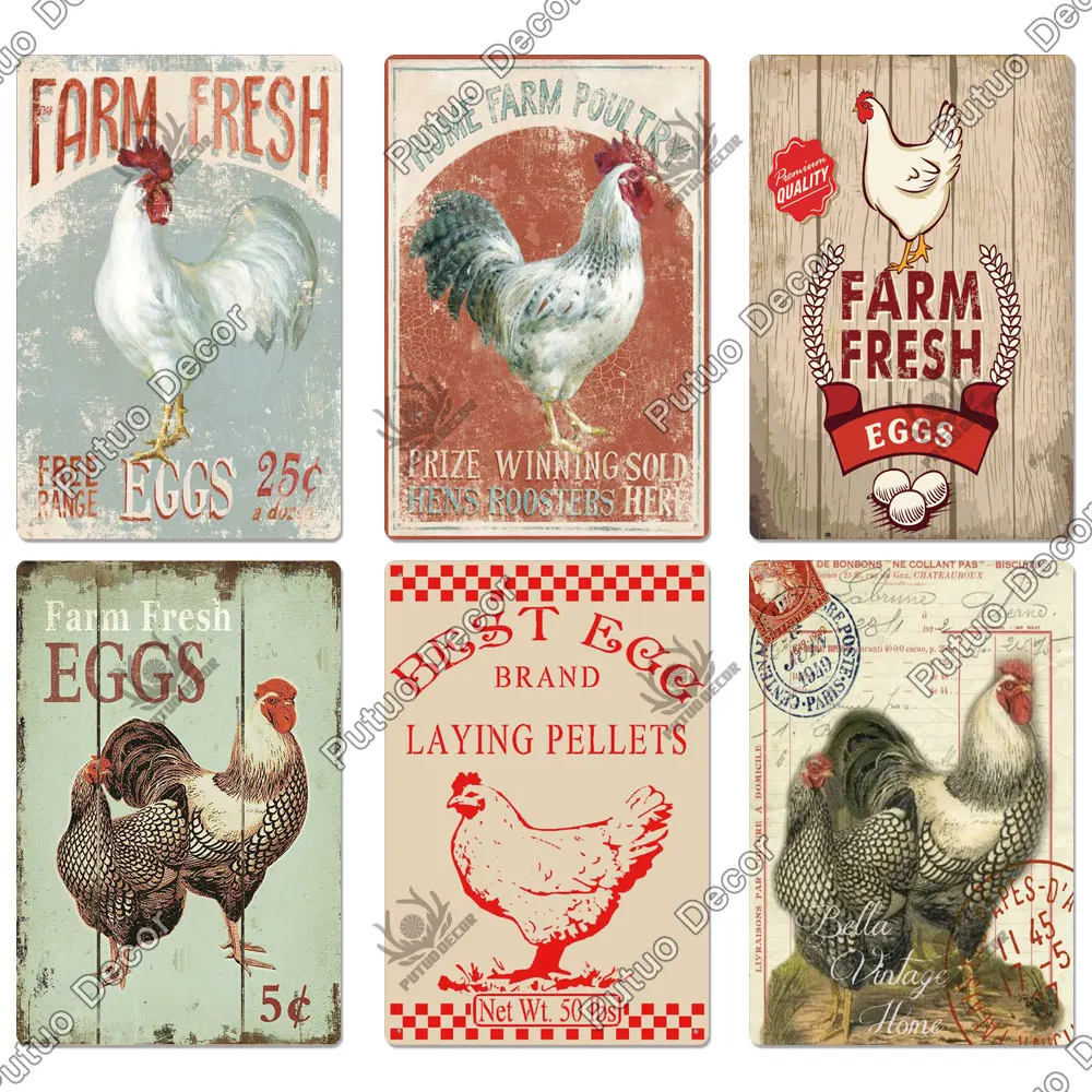 Putuo装飾鶏のブリキの看板、ビンテージメタルサインプラーク、農家の壁の装飾、ロオスターレトロサイン