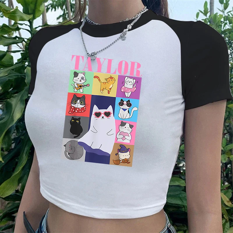 Women\'s Cartoon Cats Crop Tops Funny Music Album T-shirt Short Sleeve Girls Streetwear Hip Hop Fashion Casual Cropped Tshirt