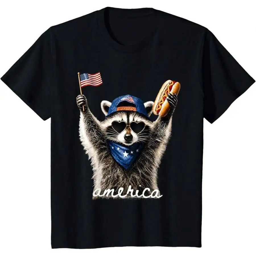 USA America Raccoon Hot Dog 1776-2026 4Th Of July 250 Years T-Shirt 100% Cotton Trendy Y2K Short-Sleeve Tee-Soft, Quick-Drying,