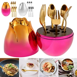 6Pcs Colorful Dinnerware Set with Egg Shaped Case Stainless Steel Cutlery Dinner Set Knife Fork Silverware Set Kitchen Tableware