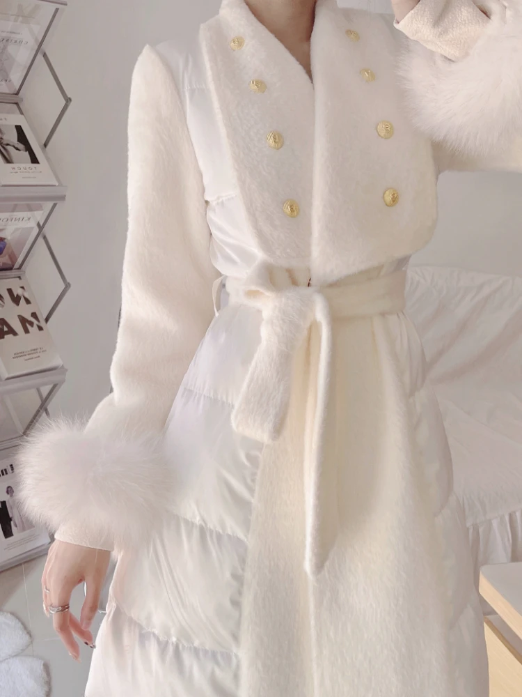 Commuter Fashion White Duck Down Jacket Women\'s Winter New Mid-Length Korean Style Spliced Woolen Lace-Up Waist Elegant Coat