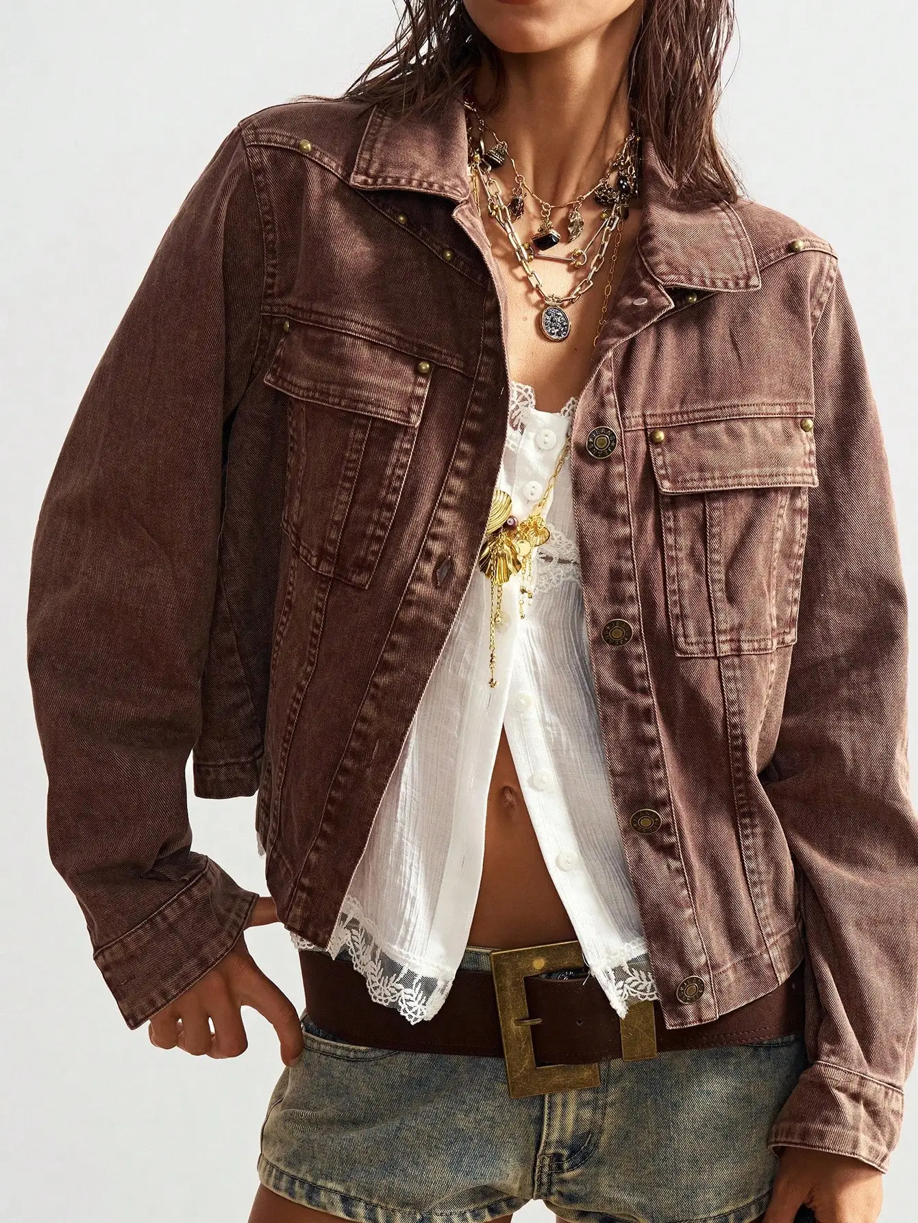 Chaqueta Vaquera Holgada Estilo Bohemio para Mujer con Botones en la Parte Delantera y Bolsillos en el Pecho, Estilo Casual de Otoño