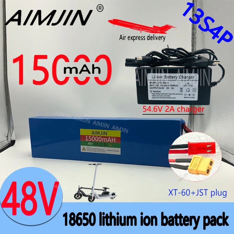 48V 15Ah18650 Li-Ion Replace Battery pack 13S4P for Electric bicycle and scooter high-power 1000W with BMS XT60 JST plug+Charger