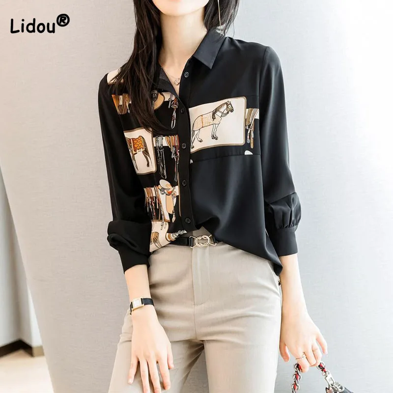 Fashion Women\'s Polo-Neck Printed Vintage Chiffon Blouse Spring Autumn Female Clothing Korean Loose Long Sleeve Button Shirt