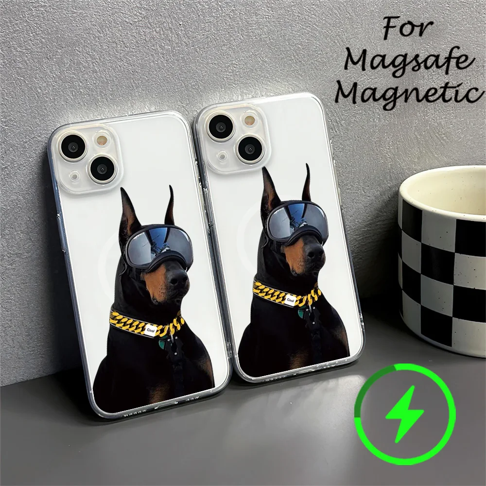 Handsome sunglasses Doberman Pinscher Phone Case For IPhone 15 14 13 12 11 Transparent Magnetic Suction Cover